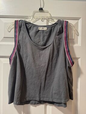 NATURAL LIFE Gray Tank with Multicolor Stripe Shoulder Trim